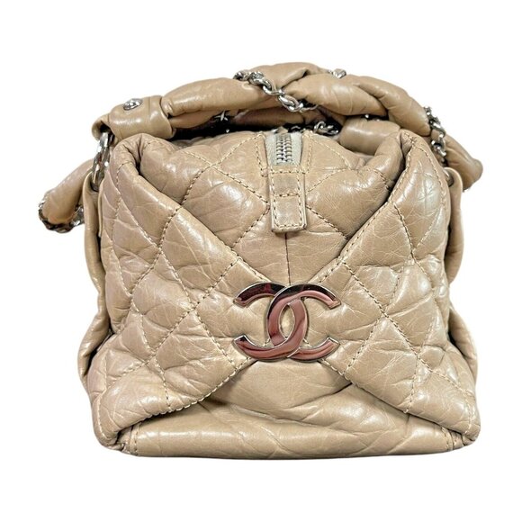 CHANEL Lady Braid Taupe Tan Chain Bowler Bag Quilted Boston Leather CC Auth - Picture 5 of 16